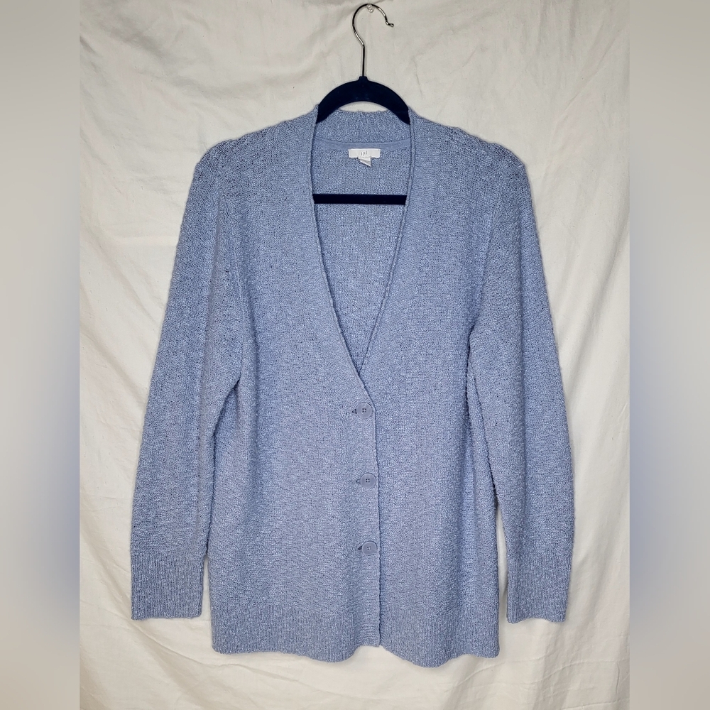 J Jill Long Sleeve Marled Blue V-neck Button Up Sweater Cardigan SZ Large Petite